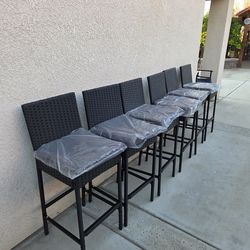 Outdoor Bar Stools Set of 6, Wicker Woven Patio Stools & Patio Bar Chairs with Seat Cushion and Cozy Footrest, Rattan Furniture Armless Counter Height