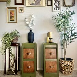 1930's olive green Art deco waterfall nightstands with walnut and gold accents