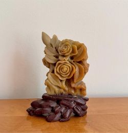 Vintage 1960s Chinese Hand-Carved Soapstone Roses Incense Holder
