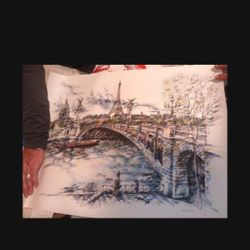 AHLOAS LARGE ORIGINAL WATERCOLOR & INK PARIS CANAL STREET SCENE PAINTING 1992