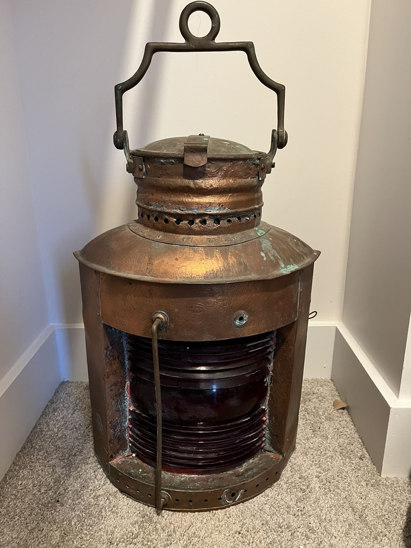 Antique Large Copper Elisha Webb & Son  Co. (PA)Nautical Lamp With Original Kerosene Lamp Inside