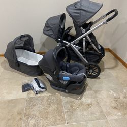 Uppababy Vista V2 Double Stroller With Car Seat And Bassinet Grey