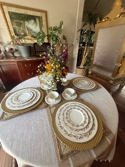 Gold Rim Castleton China Set (8) with Magenta Leaf Pattern