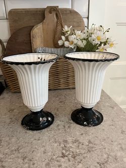 Set of 2 Black and White Ribbed Pedestal Metal  vases $15
