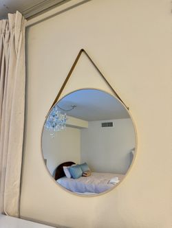 Round Modern Leather Strap Natural Wood Hanging Mirror 