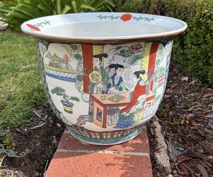 Vintage Planter Pot Draining Porcelain Hand Painted Collectible Asian Plants Jardine  