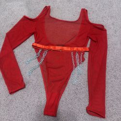 New Small Red Mesh Bodysuit Lingerie Festival Outfit 