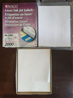 Bundle/open box of self adhesive laser/ink jet white labels.
1" inch x 4" inch in size. 20 per sheet. Over 140 sheets. 
*** PRICE IS FOR EVERYTHING...
