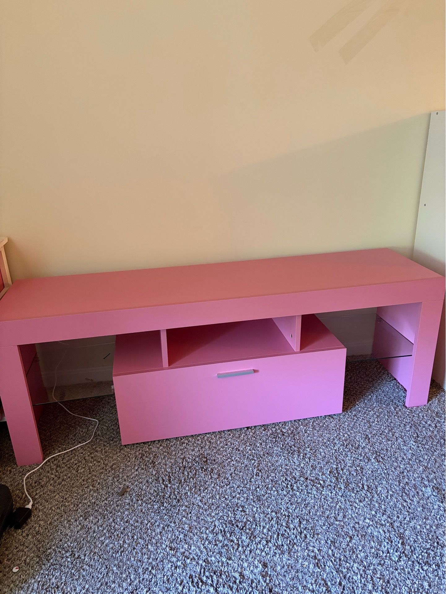 living room set of TV stand bookshelf and two lamps.