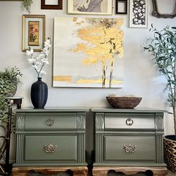 Modern sage green nightstands with walnut and gold accents. Solid wood