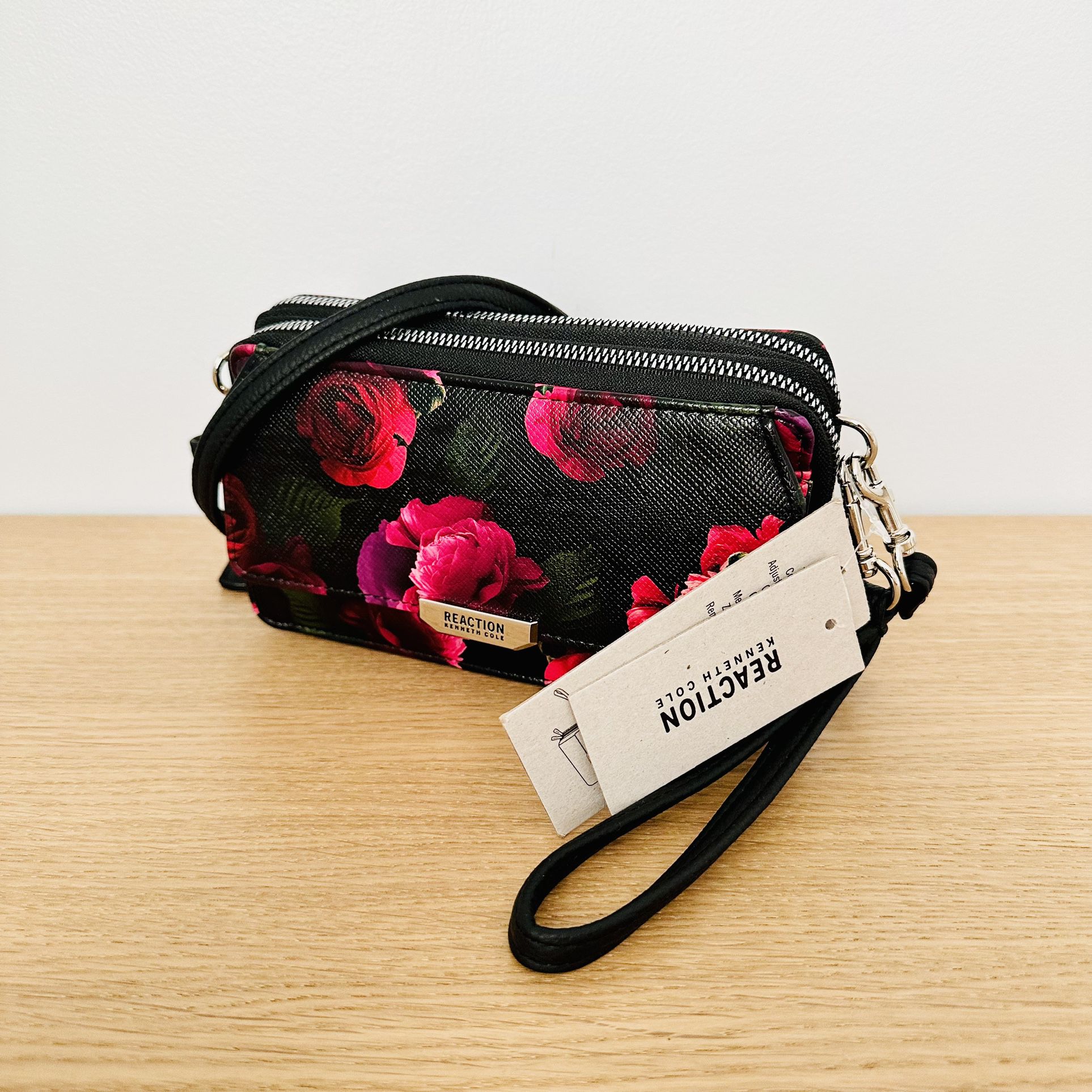 Kenneth Cole Black Saffiano Leather And Roses Crossbody/Wristlet 