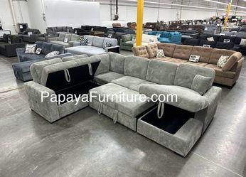 New! 120” Large Corduroy Sectional Set, Corduroy Couch, Sectional With Pull-out Bed, Sofa And Storage Chaise With USB Charging Ports, Light Grey Couch