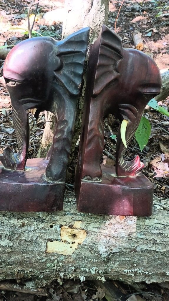 Antique Hand Carved Elephant Bookends 