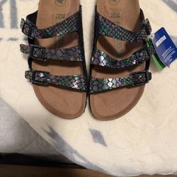 Birkenstock Florida Fresh Vegan sandals in a shiny snake skin print.