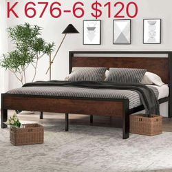 King Size Metal Platform Bed Frame with Wooden Headboard(676-6)