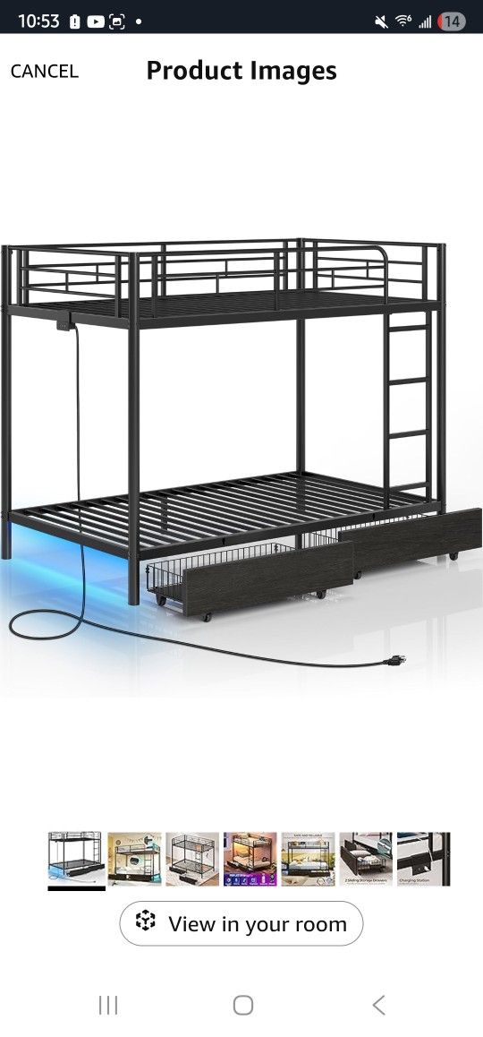 Rolanstar Metal Bunk Bed Twin Over Twin with USB Charging Station, LED Bunk Bed with 2 Storage Drawers, Bed with Safety Guardrail & Ladders, No Box Sp