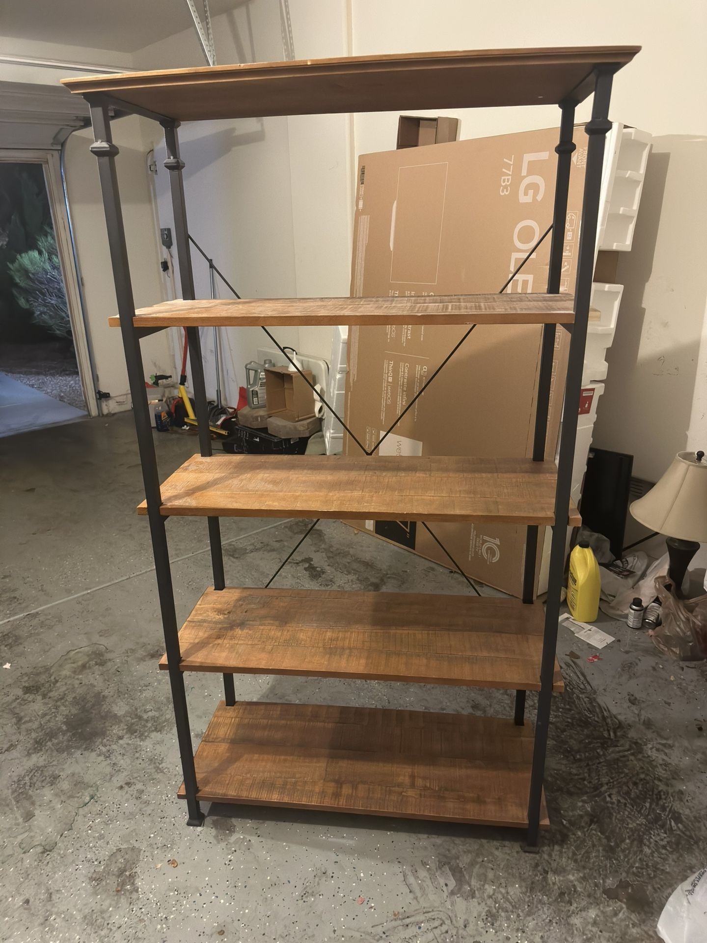 Weston Home Clayton 5 Shelf Wide Wood and Metal Bookcase, Light  Brown Shelves