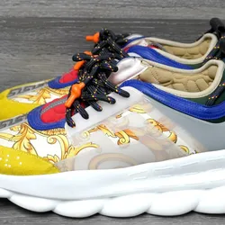 Versace Chain Reaction Barocco Men's Sneakers Gold Blue Red Baroque Pattern SZ10