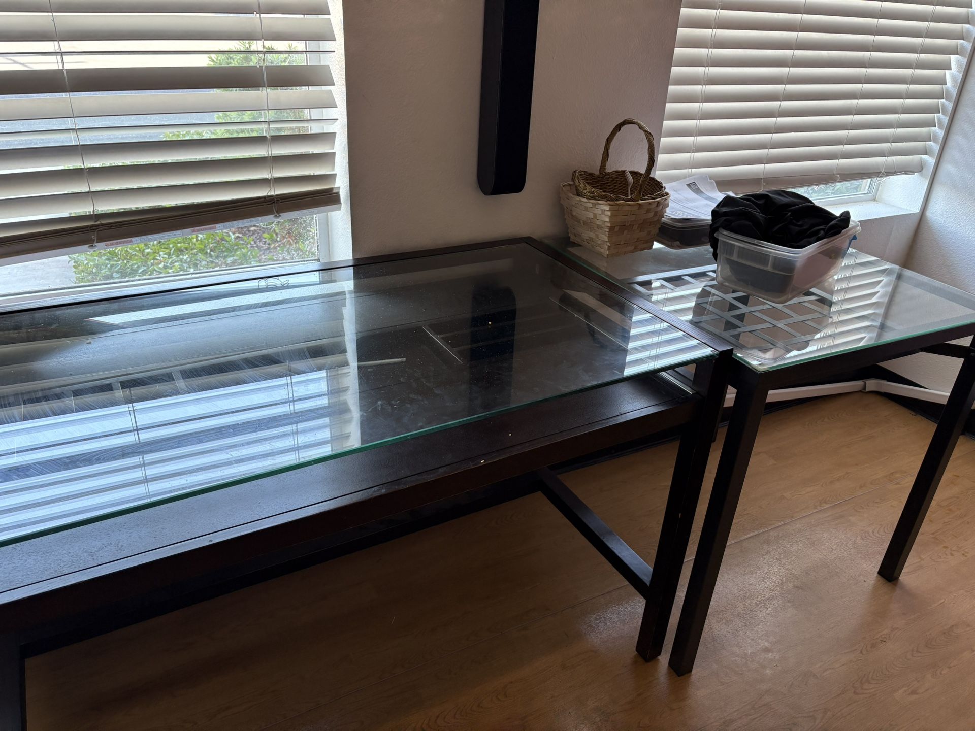 2 Tables w/Glass Tops + 4 Chairs; Desk