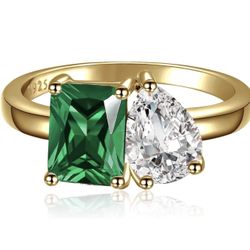 NEW 14K Gold Plated Toi Et Moi Women's Engagement Ring 6x8mm Pear & Emerald Cut Double Stone Ring AAAAA Cubic Zirconia 925 Sterling Silver Wedding Ban