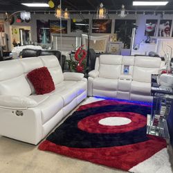 2 Pc Reclining White Sofa And Loveseat With Led Lights Only $999
