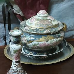 China Porcelain Tureen Dish w/ Chinoiserie Porcelain Candle Stick Holders 