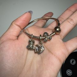 Pandora Rose Gold Bracelet With 3 Charms: Hearts, Bunny And Cat 