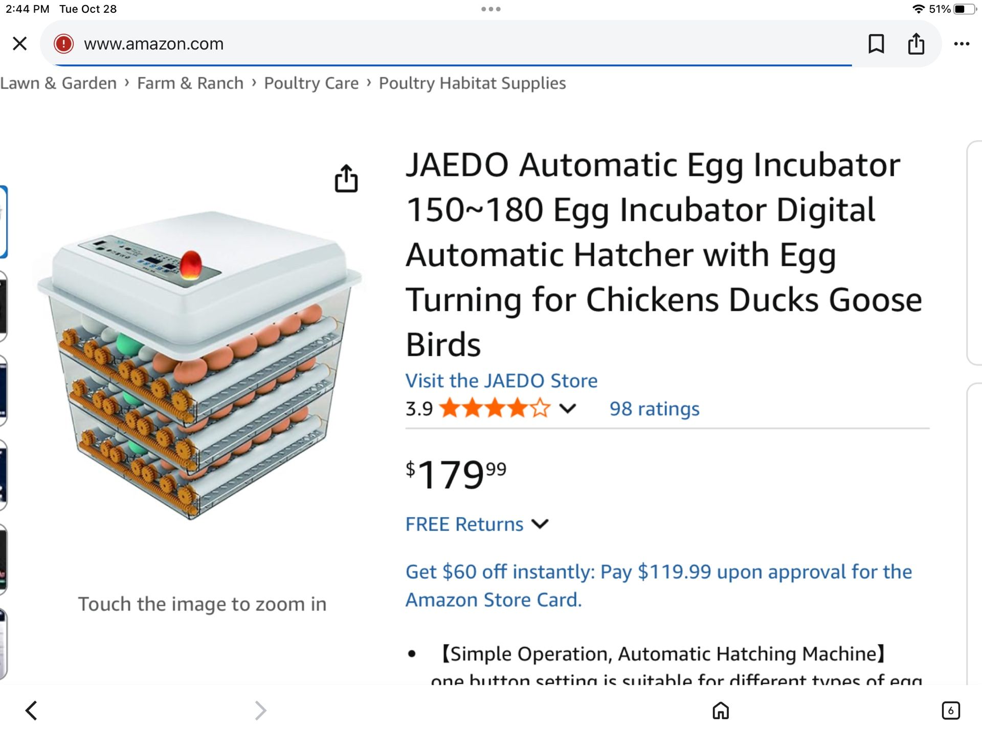 JAEDO Automatic Egg Incubator 150~180 Egg Incubator Digital Automatic Hatcher with Egg Turning for Chickens Ducks Goose Birds