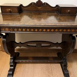 Antique American Renaissance Revival heavily carved desk with drawer & matching bench wooden vintage