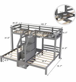 Title: 3-Person Bunk Bed – Twin Over Full with Storage – Gray