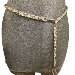 Michael Kors Silver-Tone Chain Belt with Beige Fabric Weave
