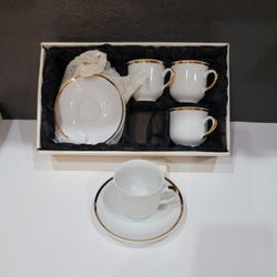 Vintage Set Of 4 Fine Bone China White & Gold Espresso Set - New - Made In Czechoslovakia 