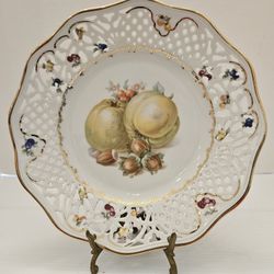 Vintage Schumann Bavaria Reticulated Lattice Bowl Fruit Serving Dish Gold Trim