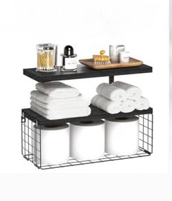 Floating shelves, 2 shelves with toilet paper basket, black 16.5" L x 5.9" W x 0.6" H Restroom shelves, bathroom, wall decor, room, laundry, room, bed