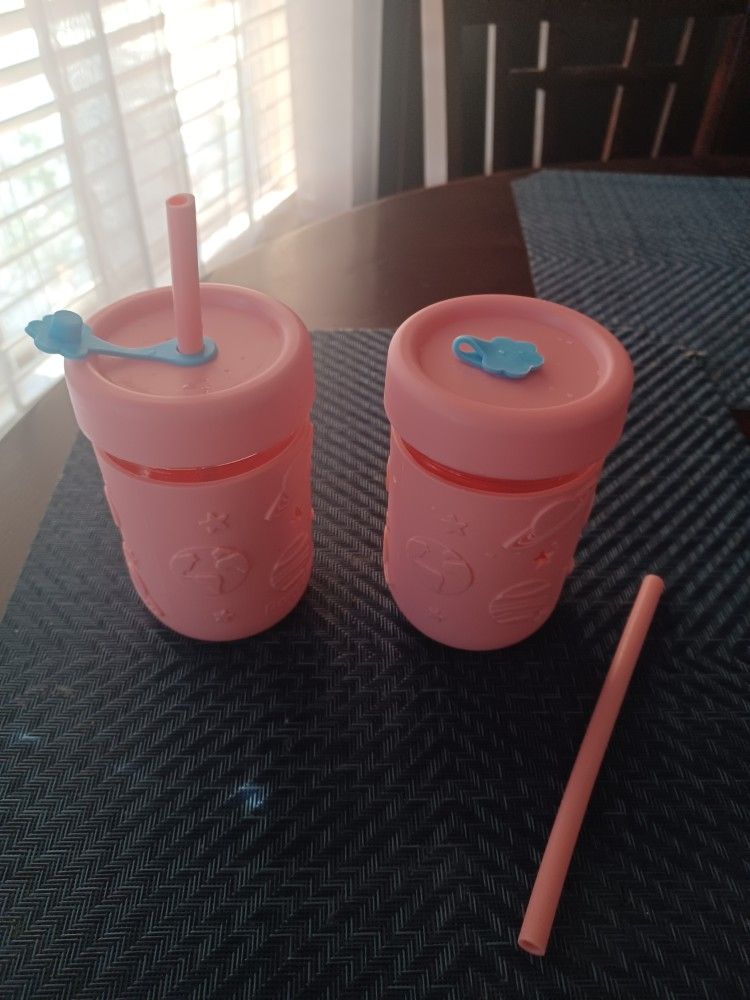 Silicone Toddler Glass Sippy Cups- Set Of 2-pink