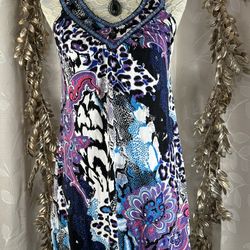 Joyous & Free Beaded Boho Tunic Tank Top M – Vibrant & Flowy 90 Lisa Frank Vibes