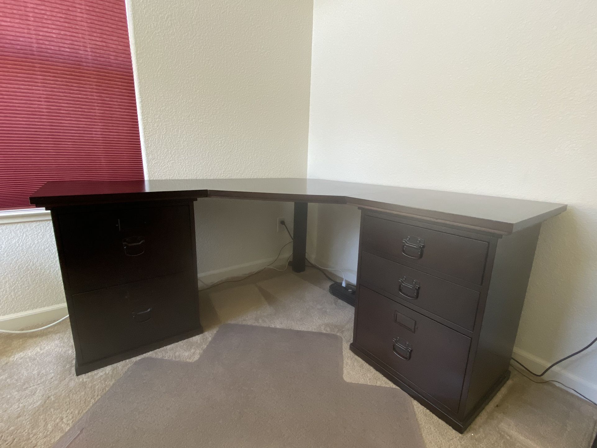 Pottery Barn Bedford Corner Desk - Dark Brown. Total of 3 filing cabinets and 2 drawers.