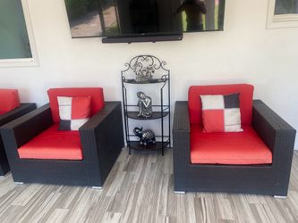 Outdoor Wicker Club Chairs with Red Cushions – Set of 2