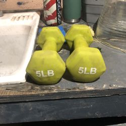 two 5-pound neoprene-coated hex dumbbells