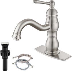 gotonovo Bathroom Faucet 1 Hole Vintage,Brushed Nickel,7.1” Spout Reach Bathroom Sink Faucet for 1 or 3 Hole Single Handle,Deck Plate,360° Swivel Spou