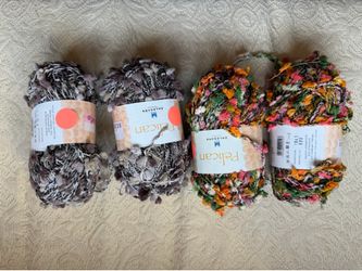 4 skeins Dalegarn Yarn, 2 in Orange & Green, 2 in Grey