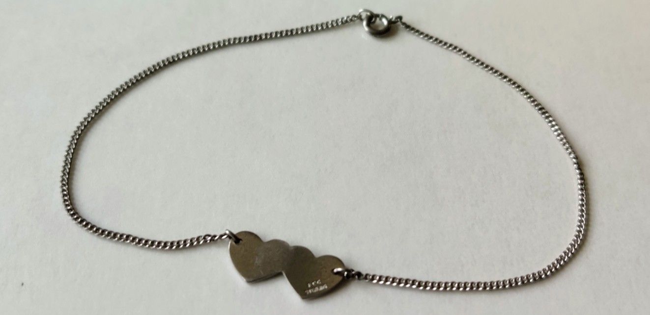 Sterling Silver Interlocking Double Heart Anklet Bracelet 8" in Length