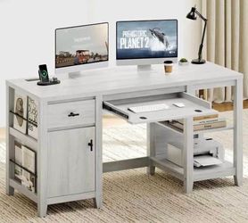 58” Computer Desk with Storage, Drawer & Charging Station – Home Office Desk