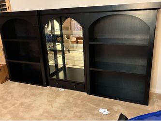 Custom Solid Hardwood Bookcase & Glass Display Cabinet Wall Unit