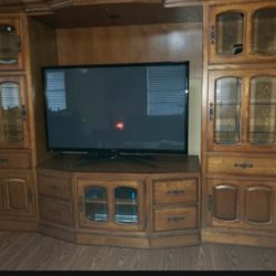 Oak Entertainment Center With Storage & Lights