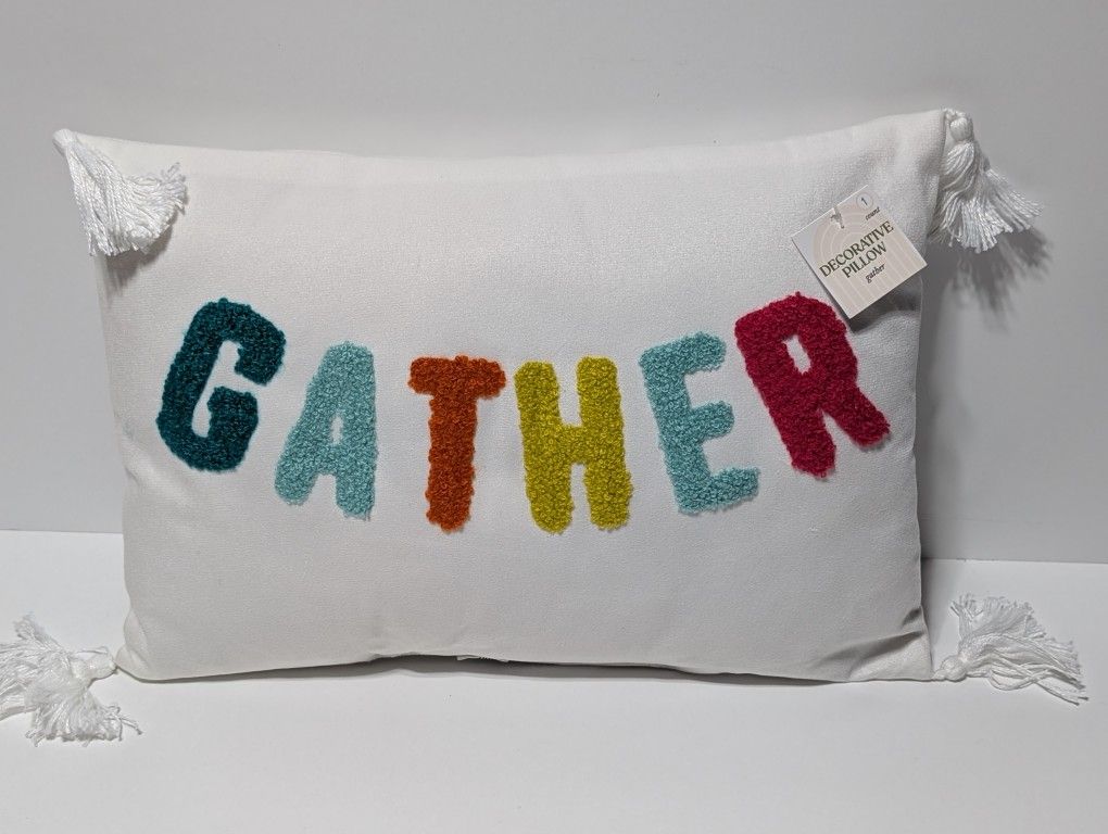Gather Textured Decorative Pillow 10x14 White w/ Tassels Multicolor Letters Decor