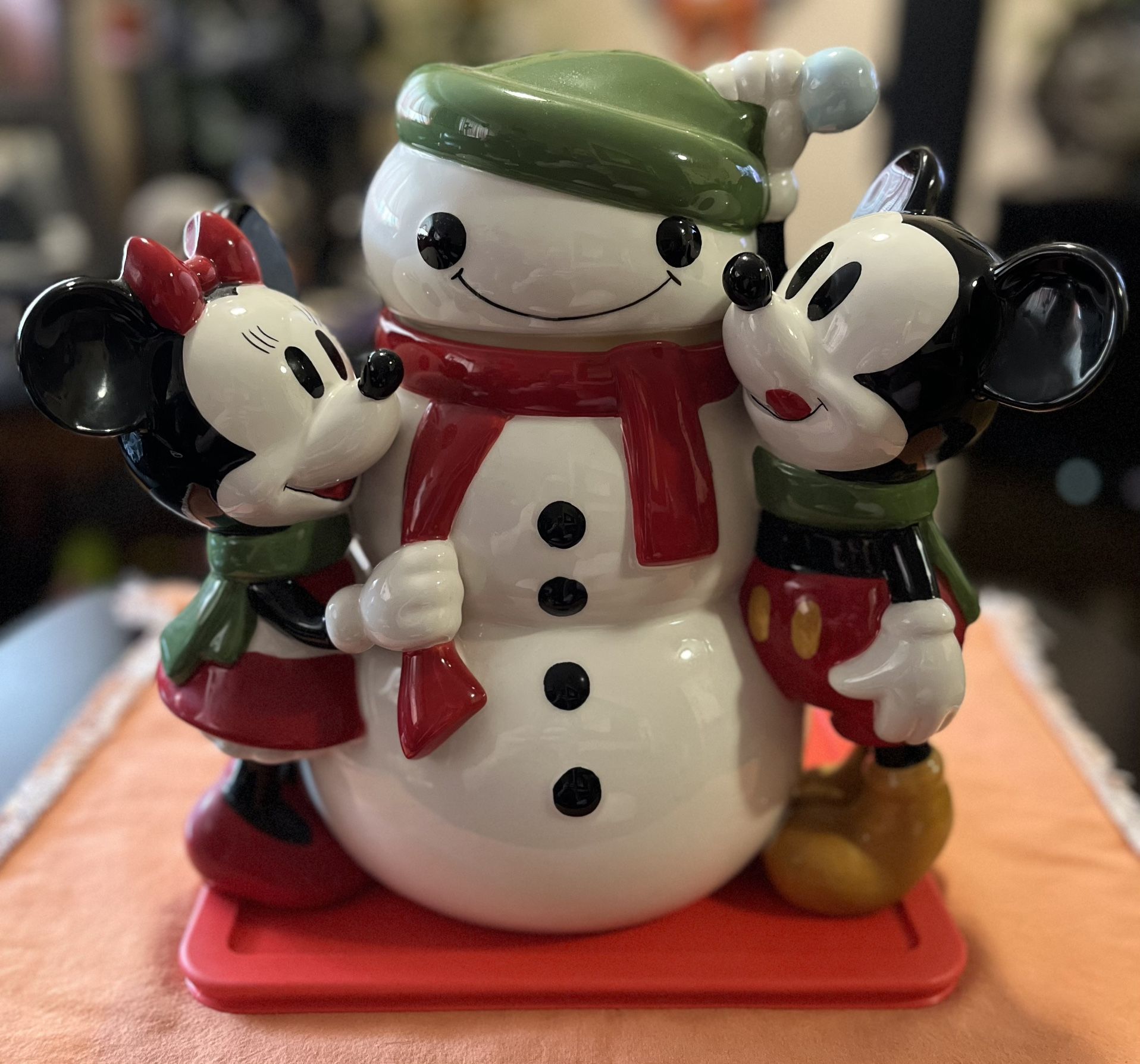 Disney Store Exclusive Mickey & Minnie Snowman Cookie Jar