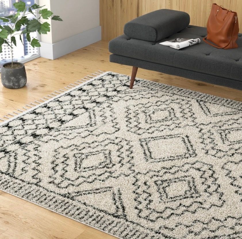 Adry Moroccan Shag Tasseled Cream/Charcoal Area Rug