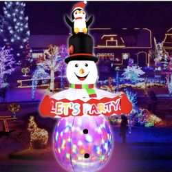 8 FT Christmas Inflatables Colorful Snowman with Penguin Outdoor Decorations, Blow up Snow Man Yard Decor Built-in Bright Colorful Rotating LED, Weath