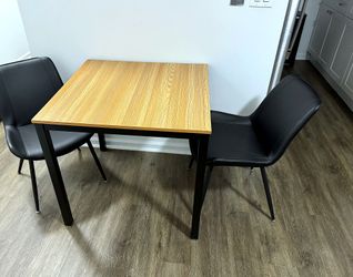 Small Dining Table (31.5" square) + 2 Black Faux-Leather Chairs — under 1 yr old
